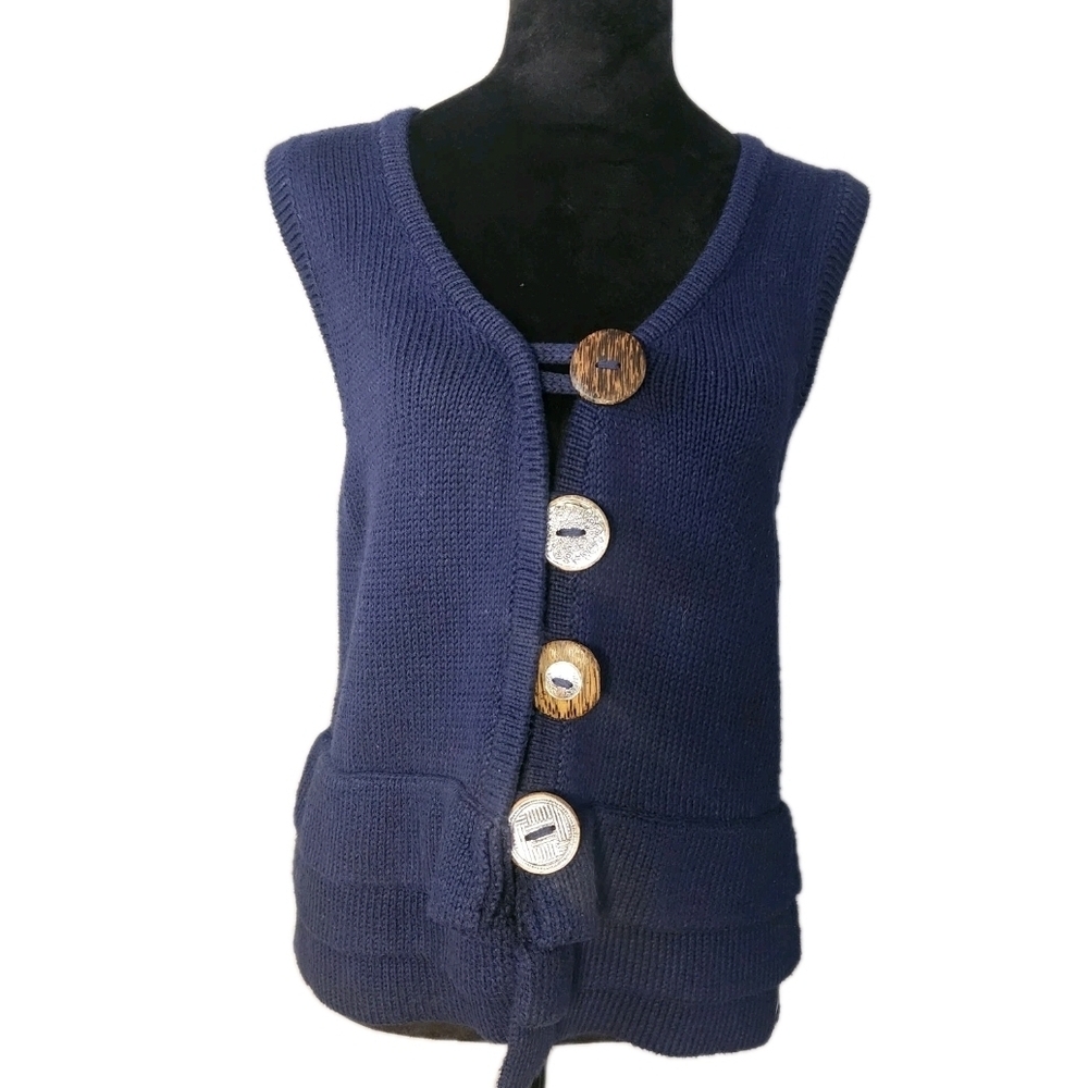 Pure Handknit Women's Sleeveless Sweater Vest Top Navy SZ M/L Decorative Button